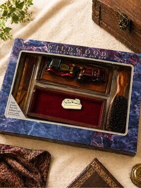 Wildwood Men’s Valet Set Antique Car Jewelry Box Brush Comb Gift Set NIB